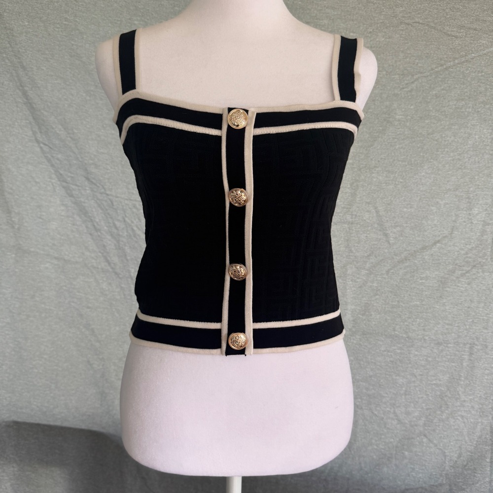 Black White Knit Crop Tank Top Gold Crest Button Side Zip XS S